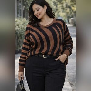 Ophelia Roe Zebra Stripe Sweater 1X Brown Black Knit Pullover Cozy Fall Top